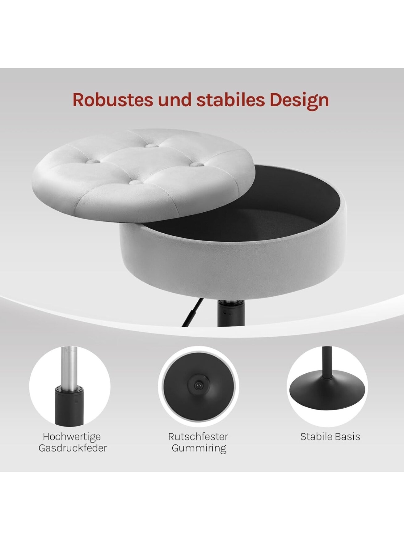 Dressing Table Stool with Storage, Velvet Upholstery, Height Adjustable (50–66.5 cm), 360° Swivel. 1
