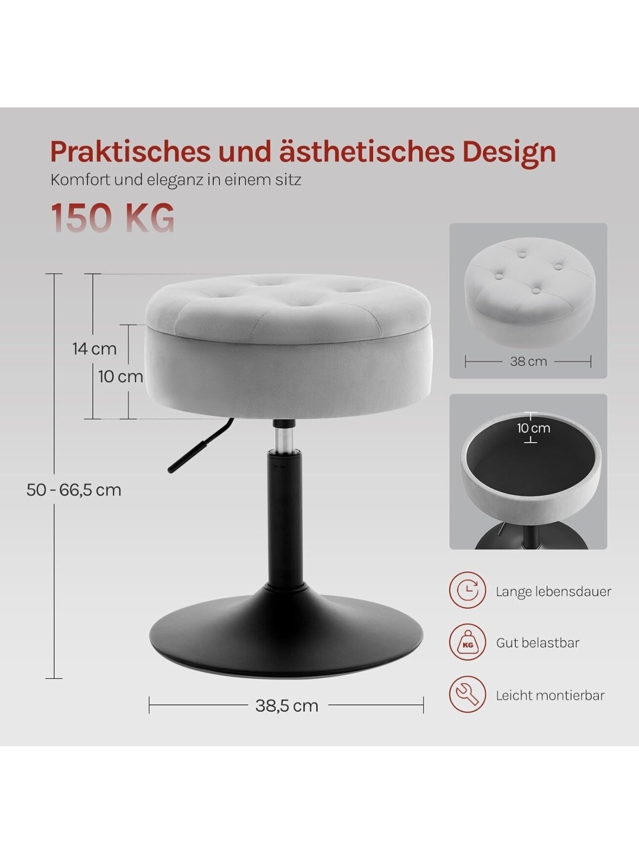 Dressing Table Stool with Storage, Velvet Upholstery, Height Adjustable (50–66.5 cm), 360° Swivel. 6