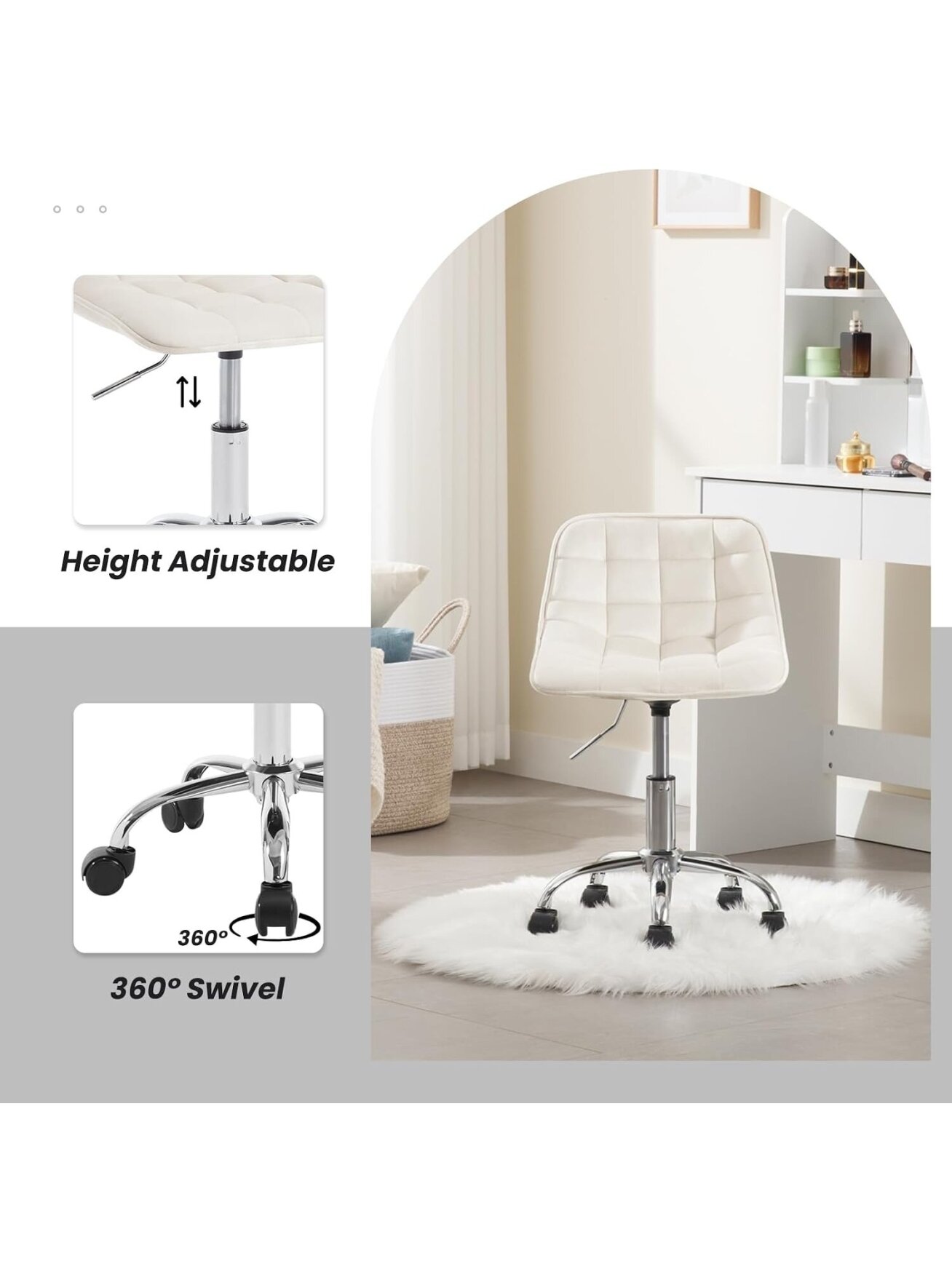Makeup Stool with Wheels, 360° Swivel, Height Adjustable, Velvet Upholstery. 3 Makeup Stool with Wheels, 360° Swivel, Height Adjustable, Velvet Upholstery. 3