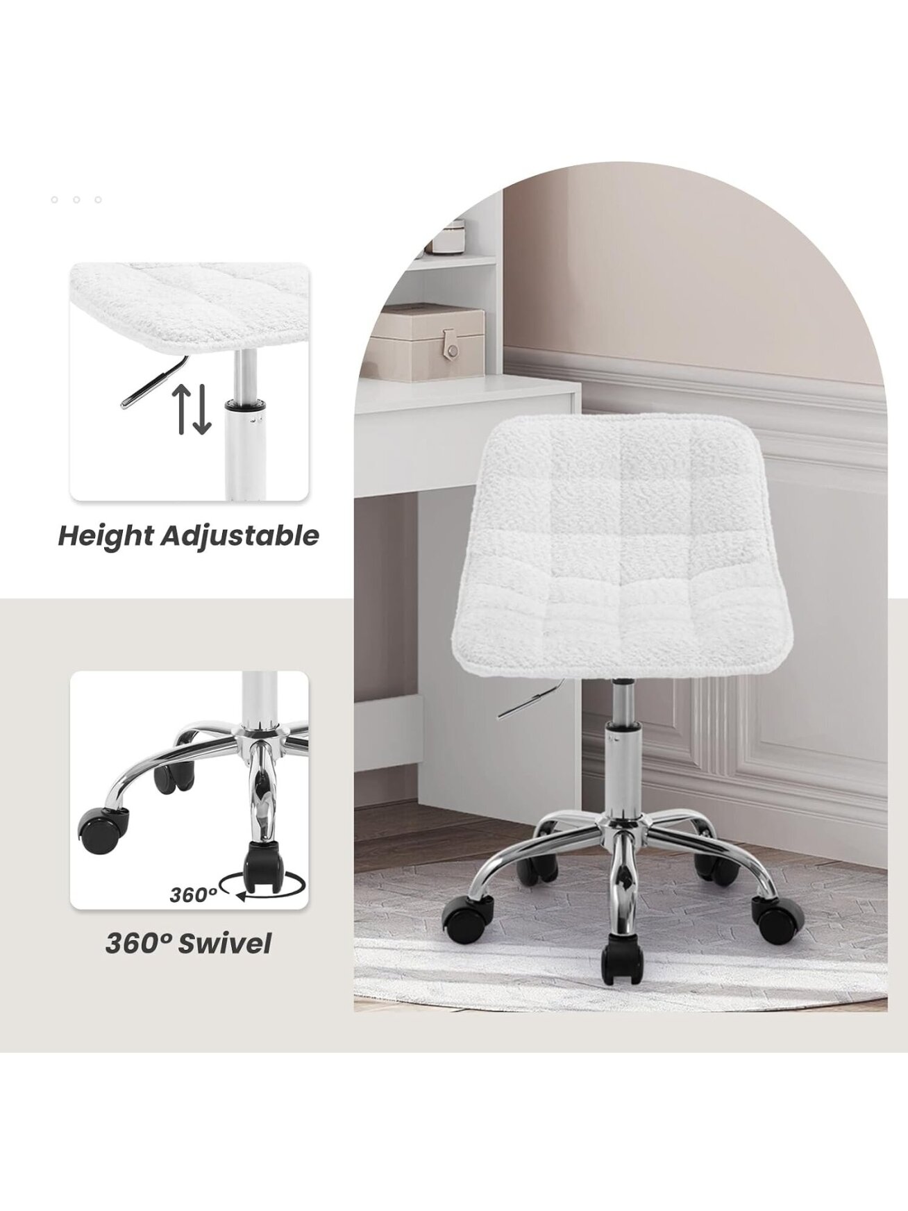 Dressing Stool with Wheels, 360° Swivel, Height Adjustable 3