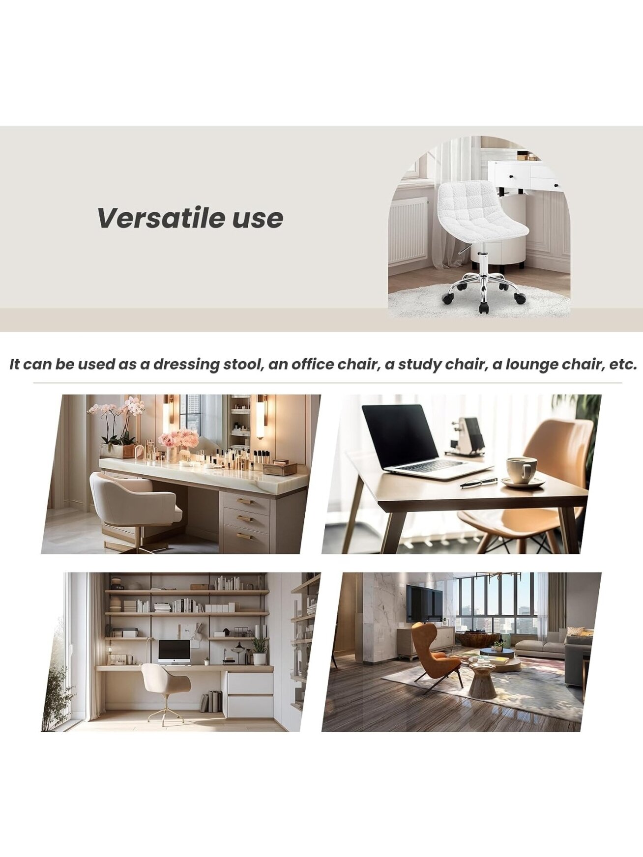 Dressing Stool with Wheels, 360° Swivel, Height Adjustable 4