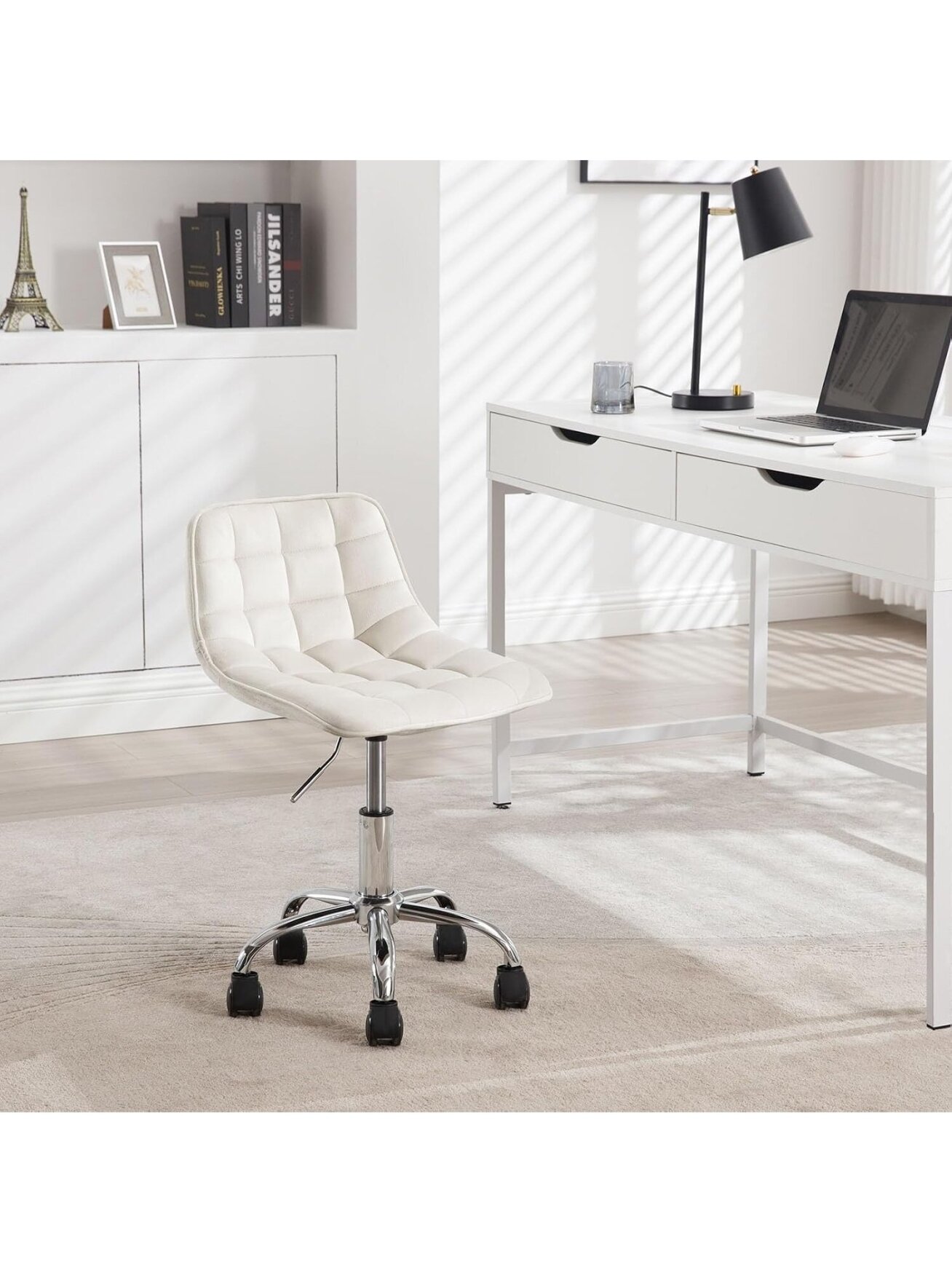 Makeup Stool with Wheels, 360° Swivel, Height Adjustable, Velvet Upholstery. 1 Makeup Stool with Wheels, 360° Swivel, Height Adjustable, Velvet Upholstery. 1