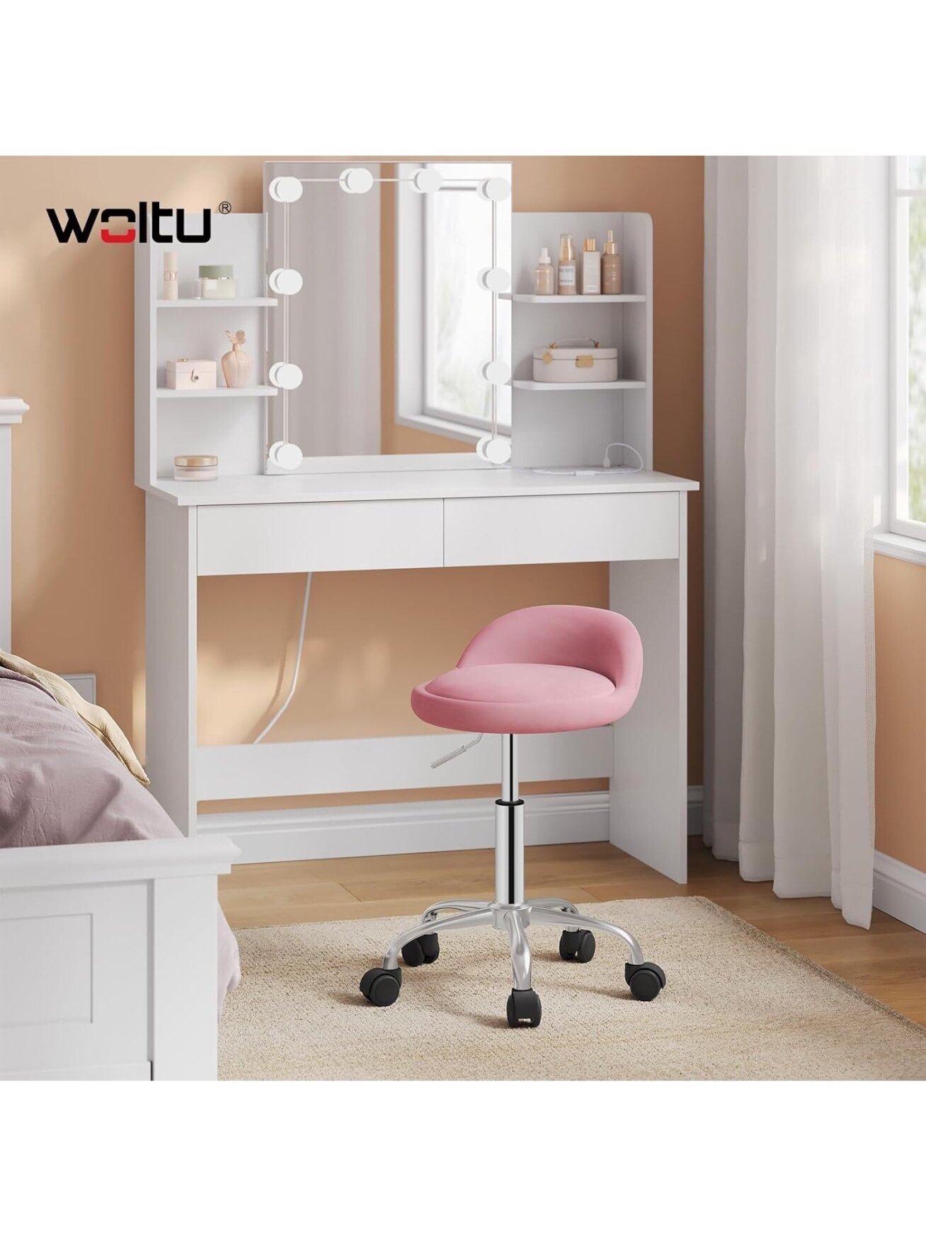 Height-adjustable salon stool with wheels, velvet upholstery, 360° swivel 5