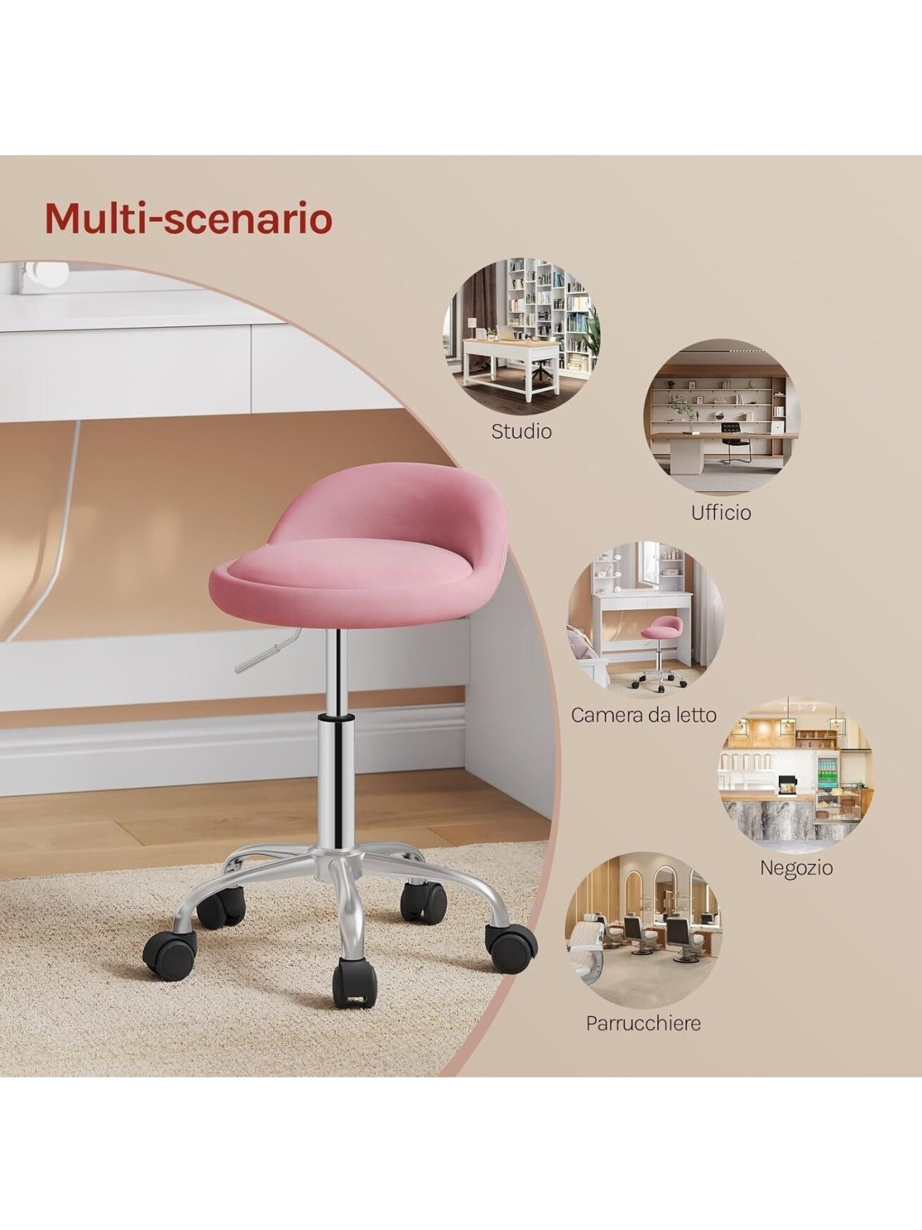 Height-adjustable salon stool with wheels, velvet upholstery, 360° swivel 1