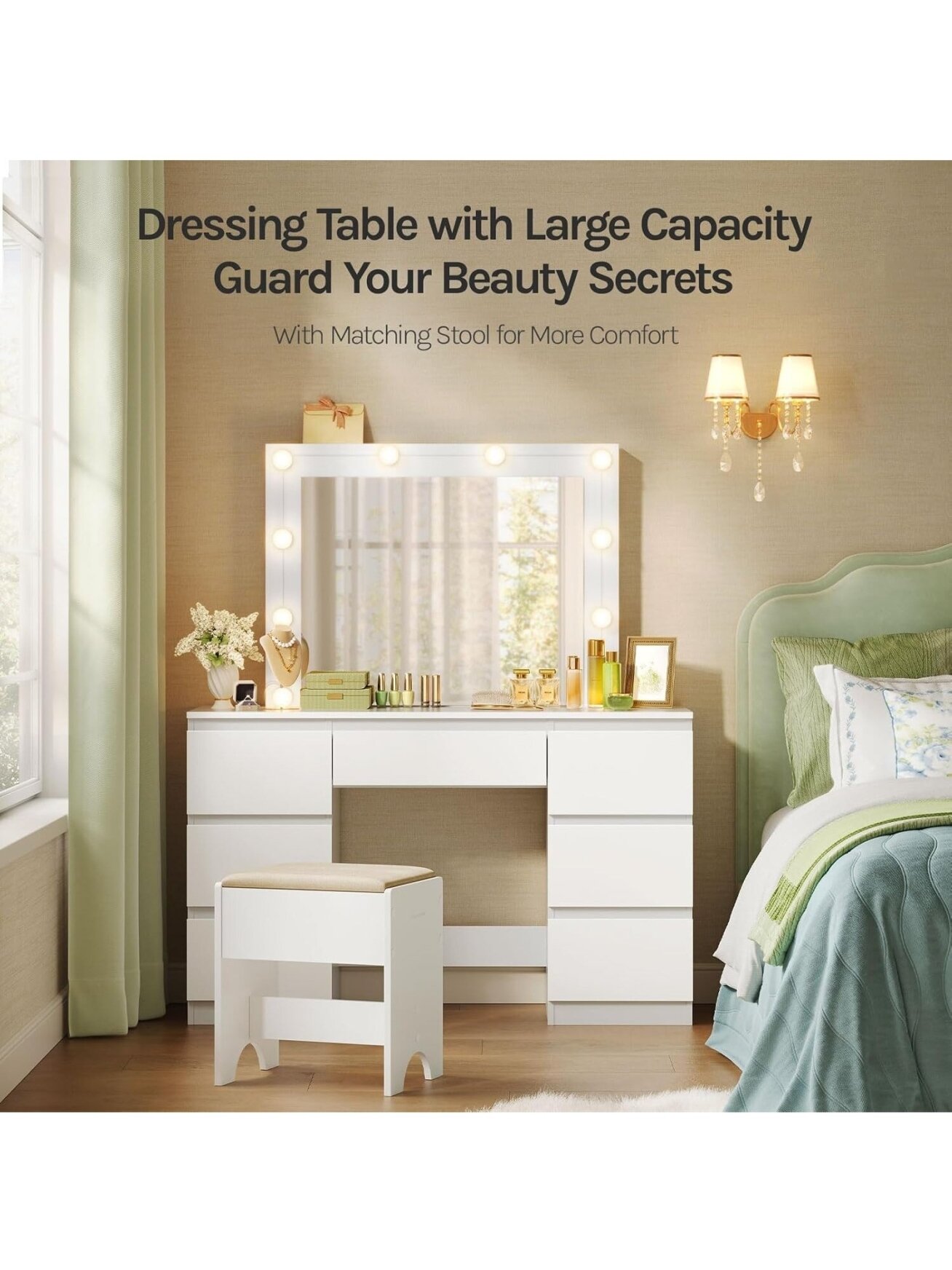Vanity table with LED lights and adjustable brightness, 107 x 140.5 x 39.5 cm, white.