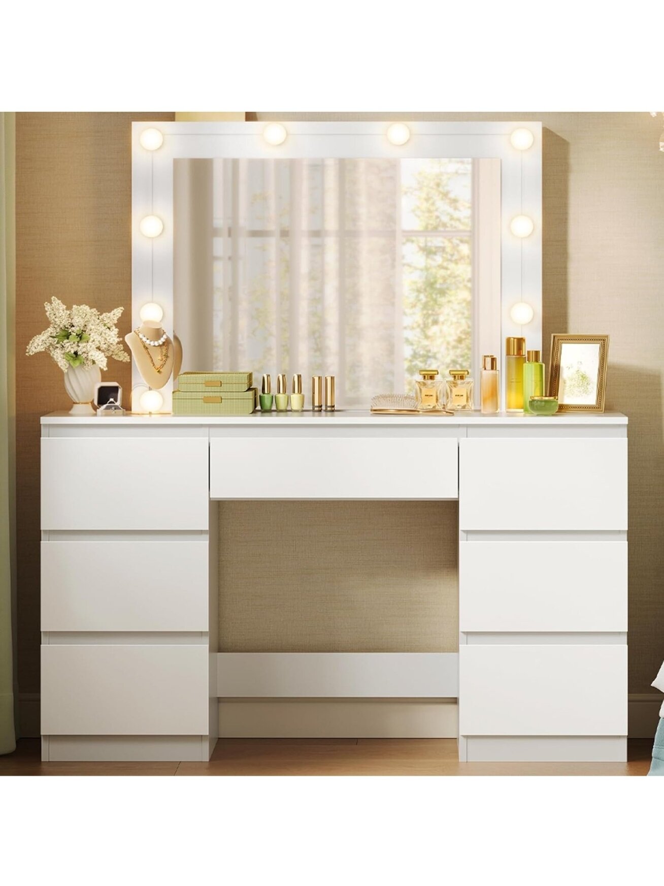 Vanity table with LED lights and adjustable brightness, 107 x 140.5 x 39.5 cm, white. 6 Vanity table with LED lights and adjustable brightness, 107 x 140.5 x 39.5 cm, white. 6