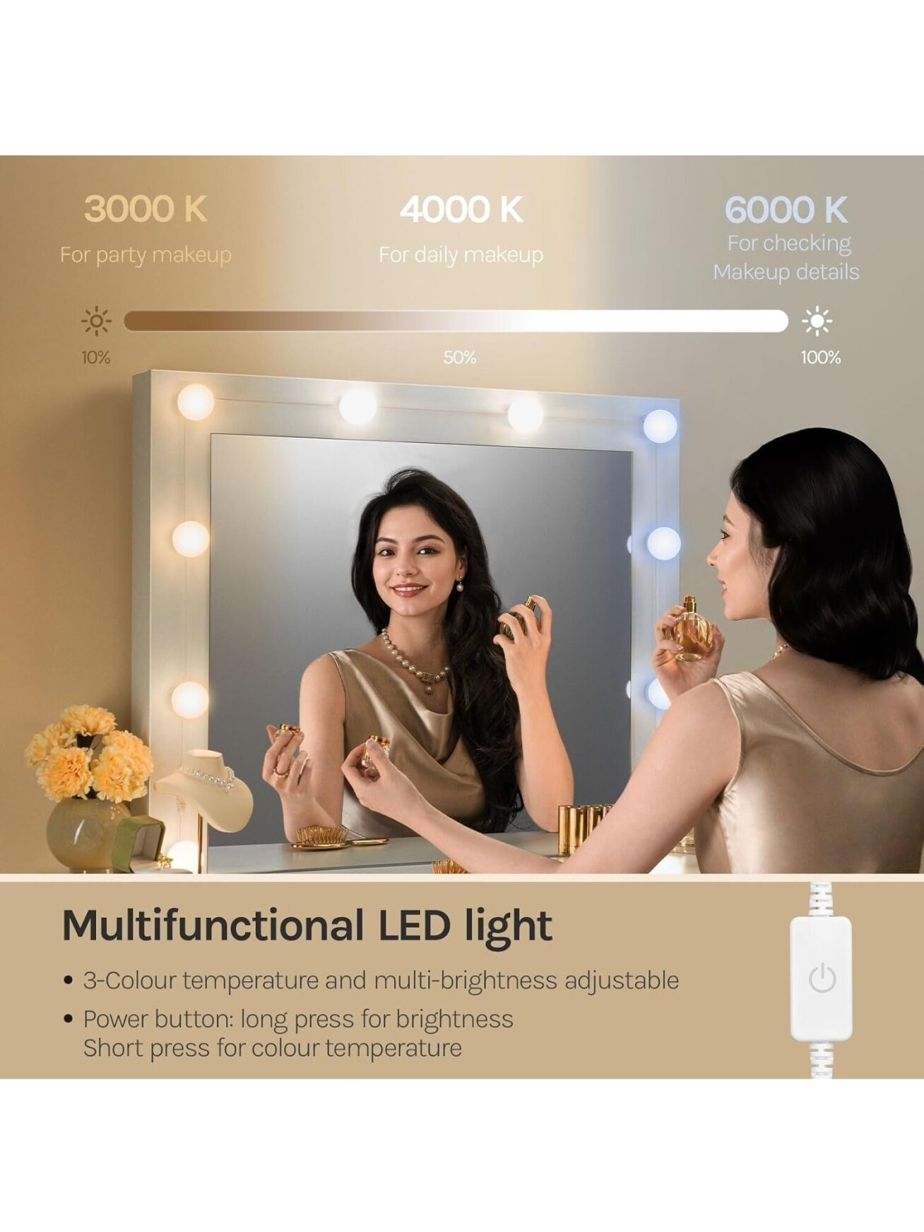 Vanity table with LED lights and adjustable brightness, 107 x 140.5 x 39.5 cm, white. 7 Vanity table with LED lights and adjustable brightness, 107 x 140.5 x 39.5 cm, white. 7