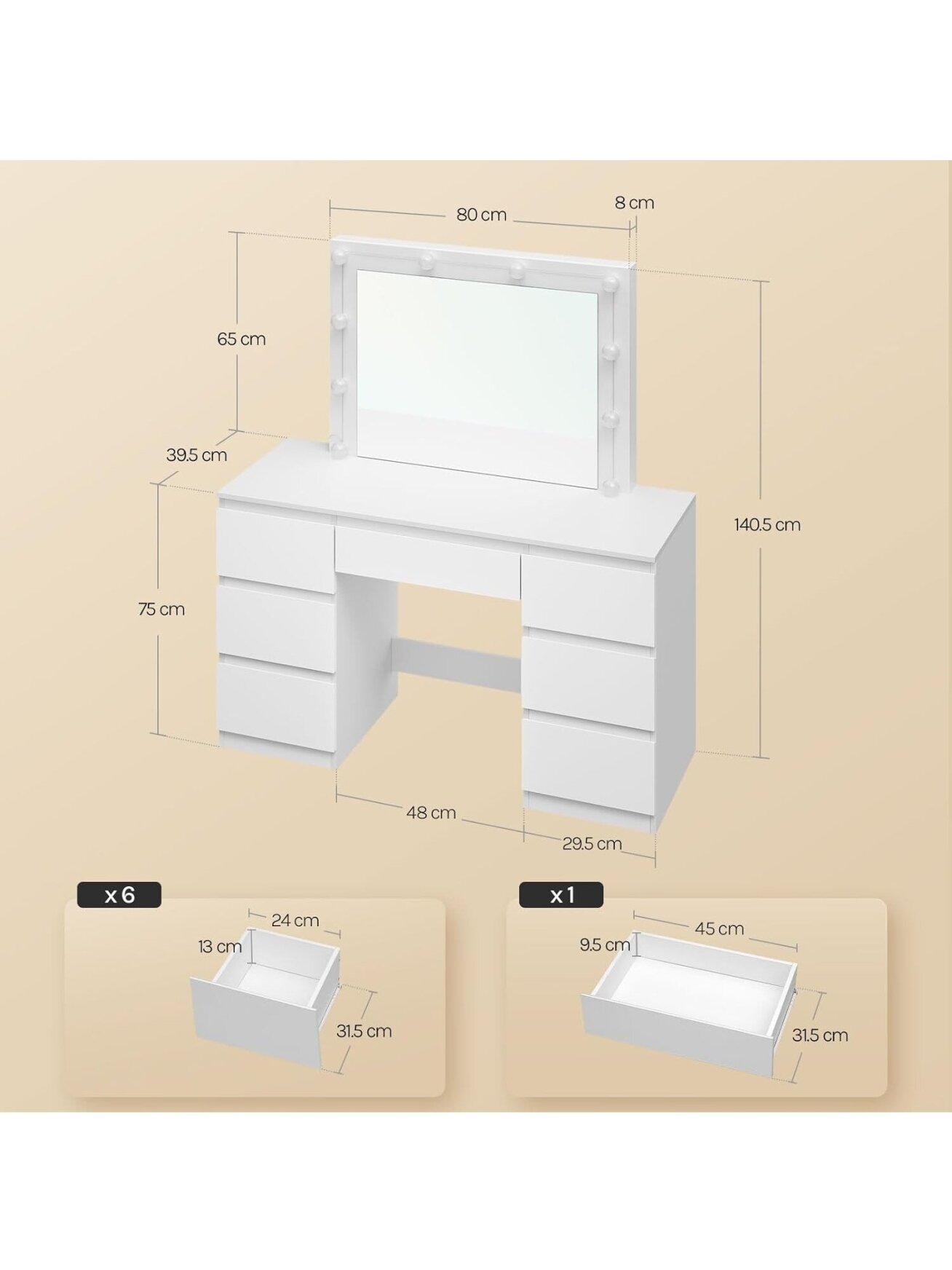 Vanity table with LED lights and adjustable brightness, 107 x 140.5 x 39.5 cm, white. 3