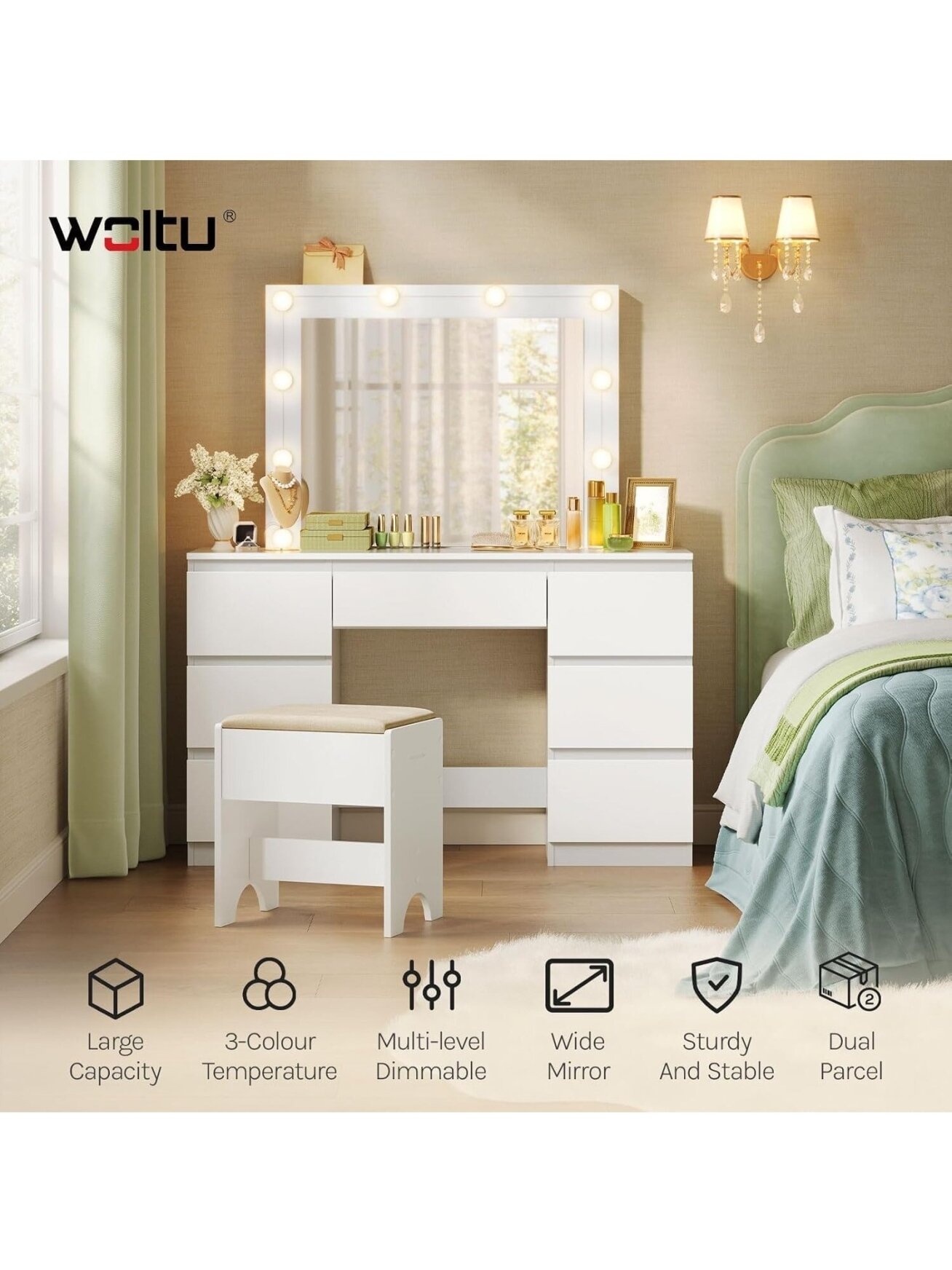 Vanity table with LED lights and adjustable brightness, 107 x 140.5 x 39.5 cm, white. 2 Vanity table with LED lights and adjustable brightness, 107 x 140.5 x 39.5 cm, white. 2