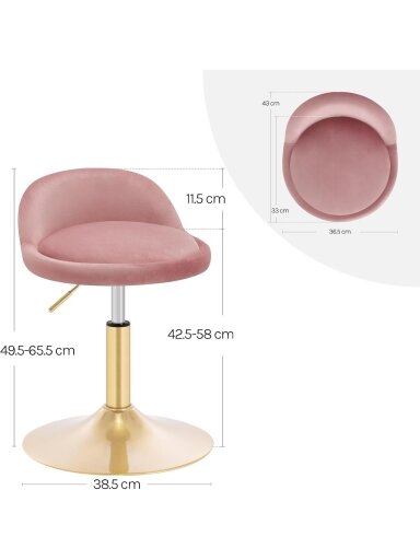 Kosmetinė kėdė, reguliuojamo aukščio (42,5–58 cm), 360° besisukanti, aksominiai apmušalai, rožinė. Kosmetinė kėdė, reguliuojamo aukščio (42,5–58 cm), 360° besisukanti, aksominiai apmušalai, rožinė.