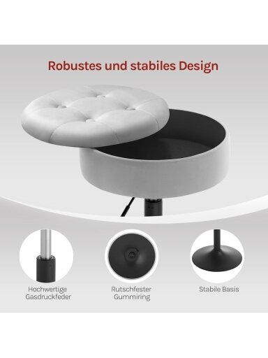Kosmetinė kėdutė su daiktadėže, aksominiai apmušalai, reguliuojamo aukščio (50–66,5 cm), 360° besisukanti Kosmetinė kėdutė su daiktadėže, aksominiai apmušalai, reguliuojamo aukščio (50–66,5 cm), 360° besisukanti