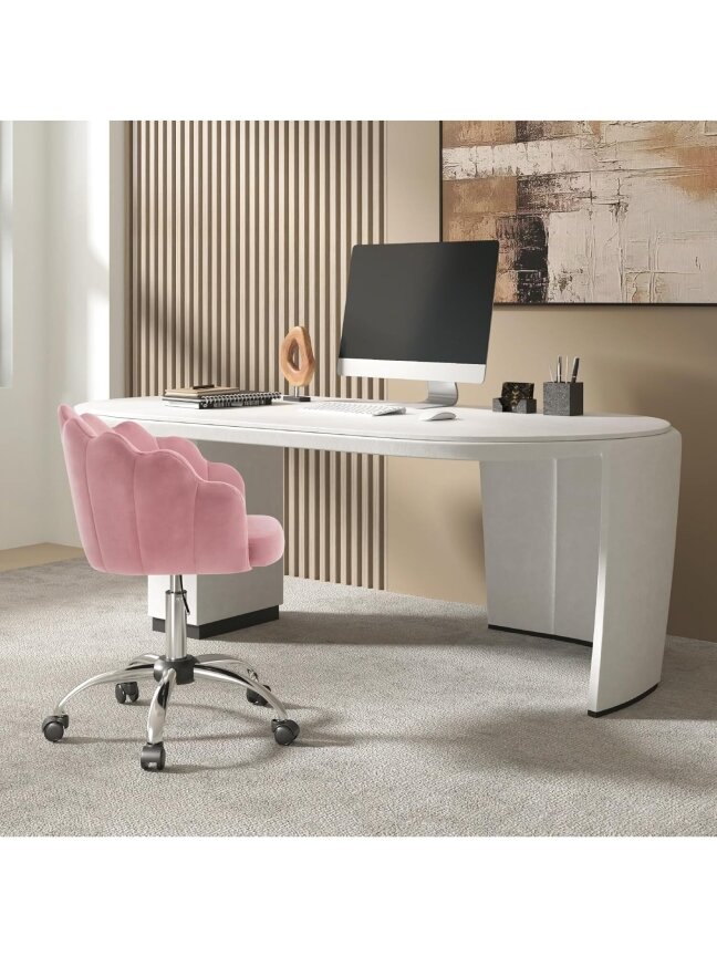 Cosmetic Chair, Ergonomic Velvet Chair with Petal-Shaped Backrest, Swivel Chair with Casters, Height Adjustable, Metal Frame 2 Cosmetic Chair, Ergonomic Velvet Chair with Petal-Shaped Backrest, Swivel Chair with Casters, Height Adjustable, Metal Frame 2