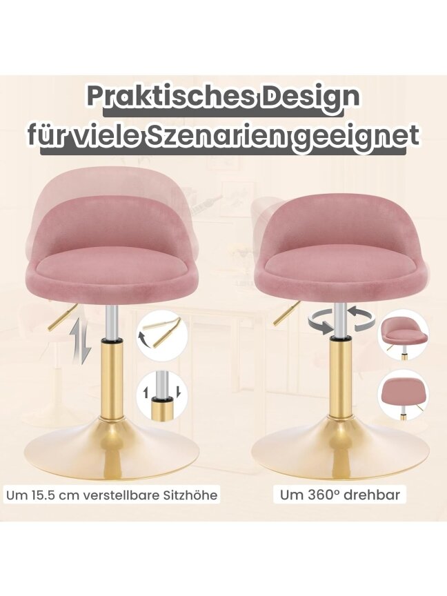 Kosmētikas krēsls ar regulējamu augstumu (42,5–58 cm), 360° grozāms, samta apdare, rozā. 6