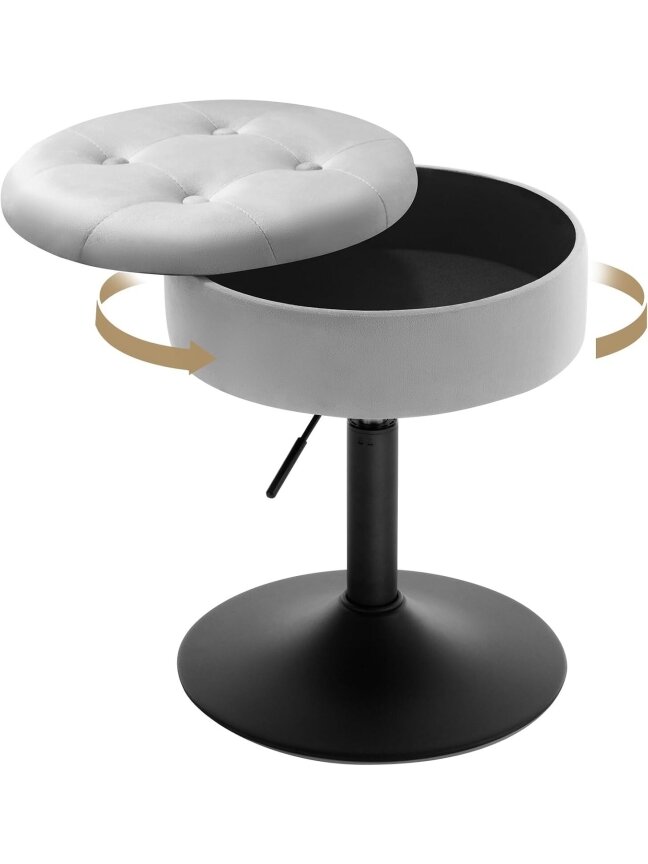 Dressing Table Stool with Storage, Velvet Upholstery, Height Adjustable (50–66.5 cm), 360° Swivel.