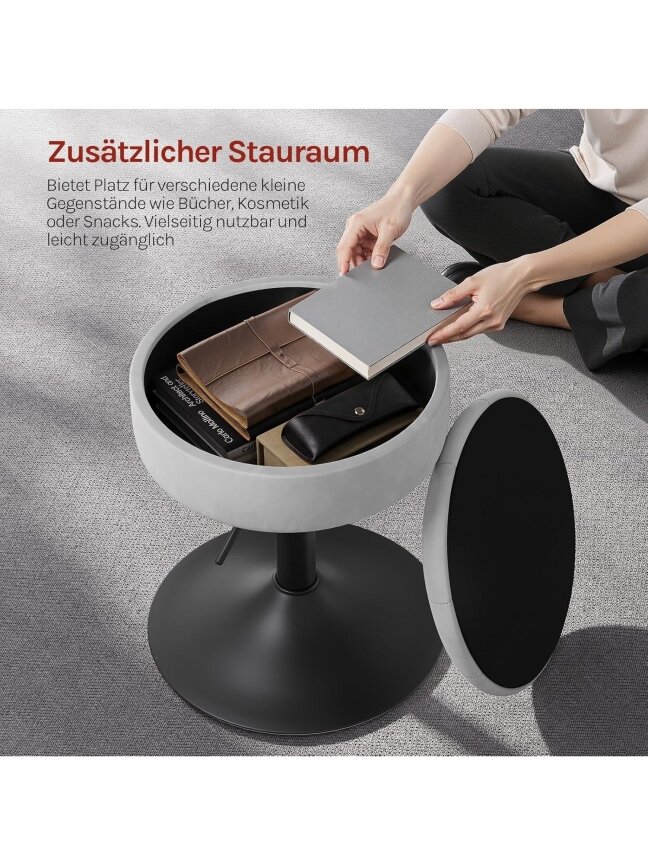 Dressing Table Stool with Storage, Velvet Upholstery, Height Adjustable (50–66.5 cm), 360° Swivel. 5