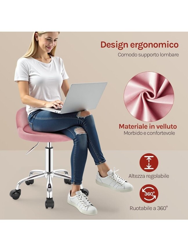 Height-adjustable salon stool with wheels, velvet upholstery, 360° swivel 3