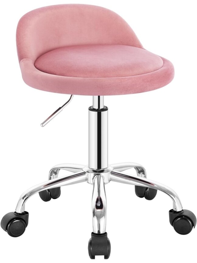 Height-adjustable salon stool with wheels, velvet upholstery, 360° swivel
