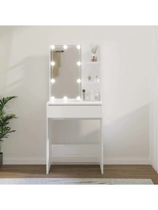 Косметический столик с LED-подсветкой, белый, 60×40×140 см, глянцевый