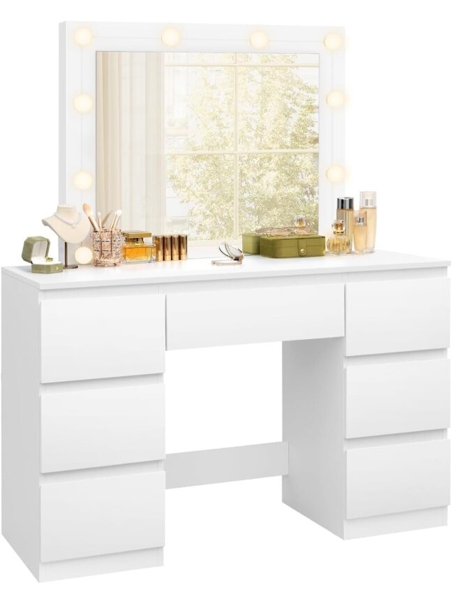 Vanity table with LED lights and adjustable brightness, 107 x 140.5 x 39.5 cm, white. 5