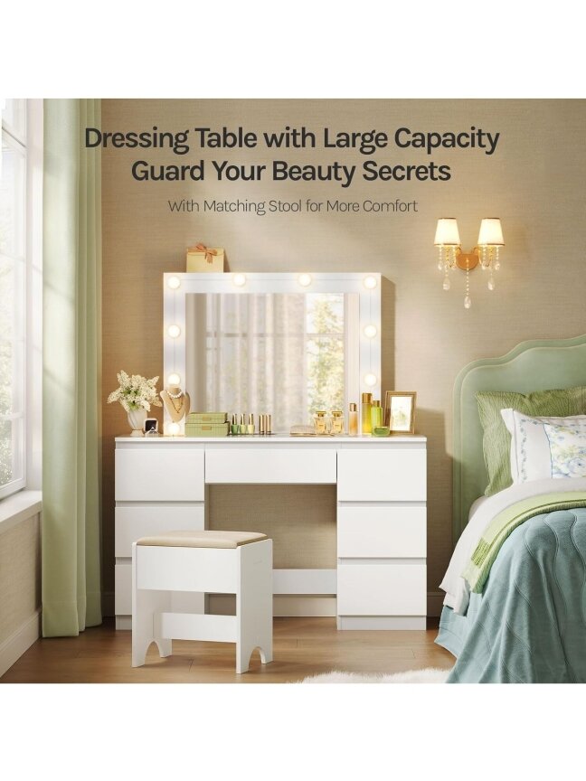 Vanity table with LED lights and adjustable brightness, 107 x 140.5 x 39.5 cm, white.