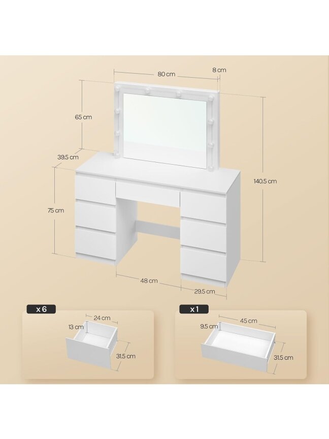 Vanity table with LED lights and adjustable brightness, 107 x 140.5 x 39.5 cm, white. 3 Vanity table with LED lights and adjustable brightness, 107 x 140.5 x 39.5 cm, white. 3