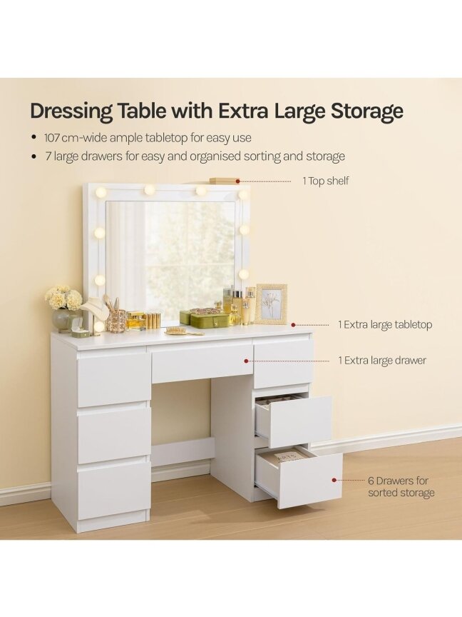 Vanity table with LED lights and adjustable brightness, 107 x 140.5 x 39.5 cm, white. 1 Vanity table with LED lights and adjustable brightness, 107 x 140.5 x 39.5 cm, white. 1