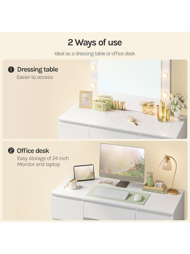 Vanity table with LED lights and adjustable brightness, 107 x 140.5 x 39.5 cm, white. 8