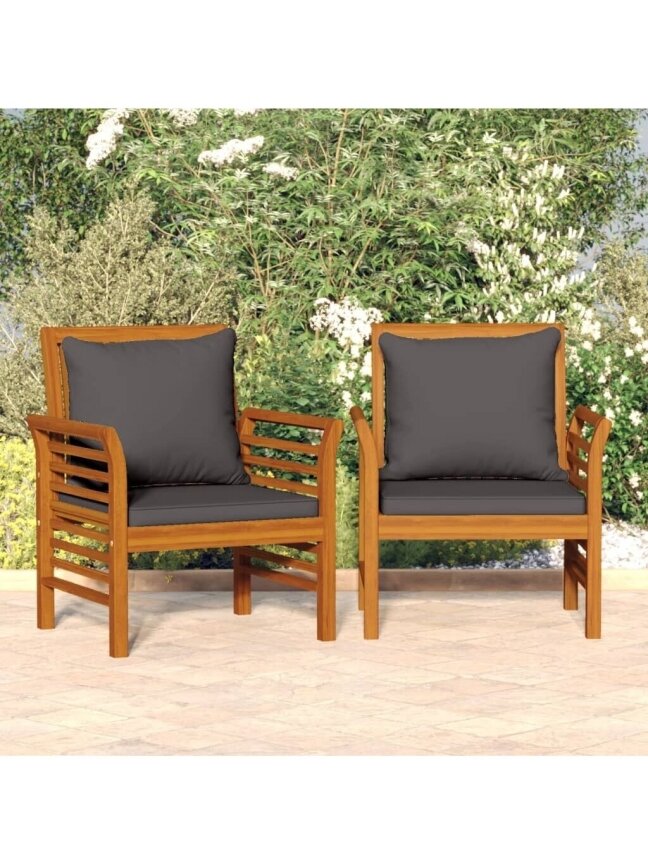 Armchairs with Dark Grey Cushions, 2 pcs, Acacia Wood Armchairs with Dark Grey Cushions, 2 pcs, Acacia Wood
