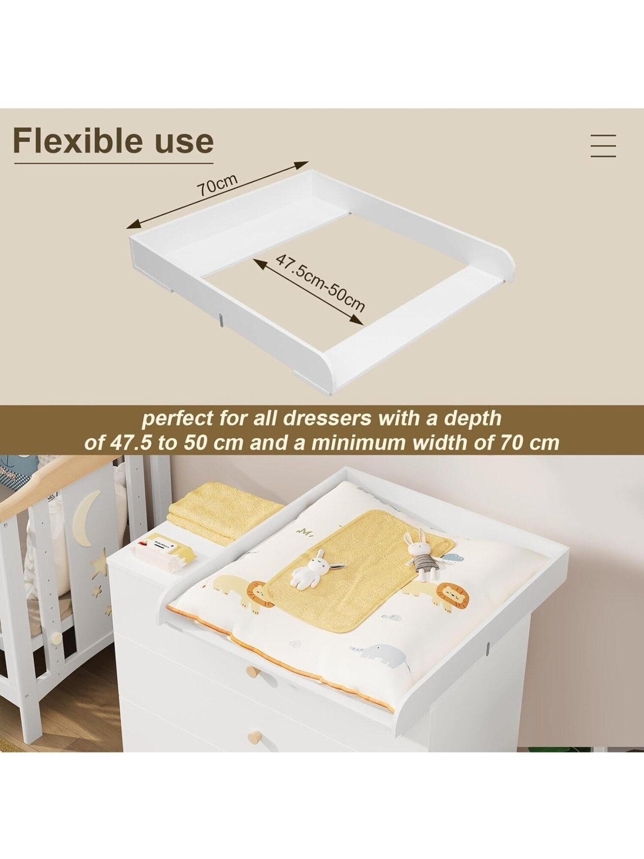 Baby changing table top, 70 x 10 x 80 cm, suitable for furniture with 47.5–50 cm depth. 6