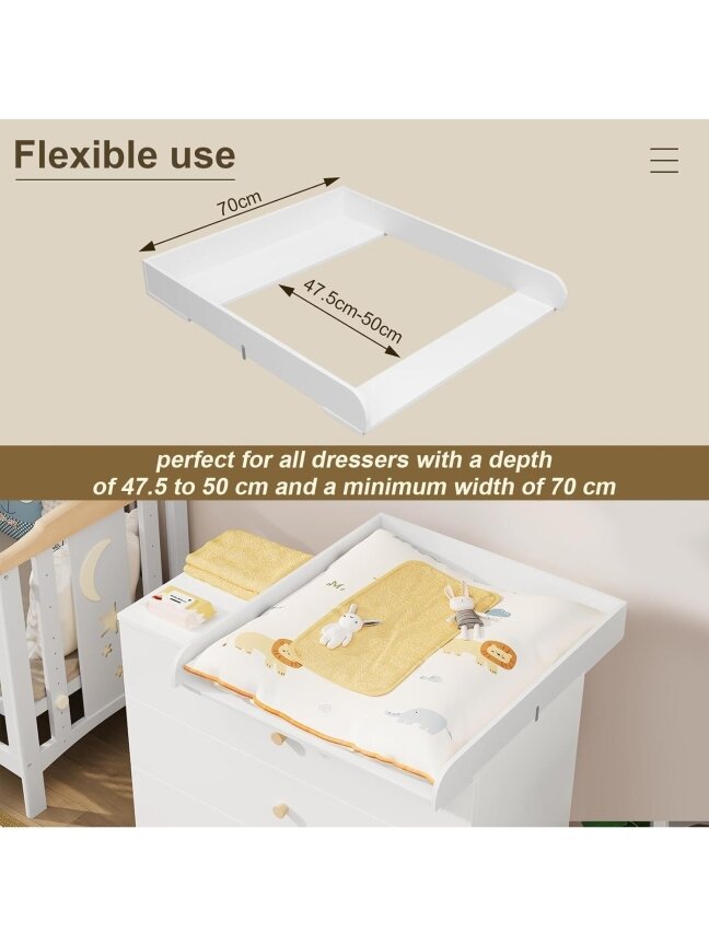 Baby changing table top, 70 x 10 x 80 cm, suitable for furniture with 47.5–50 cm depth. 6