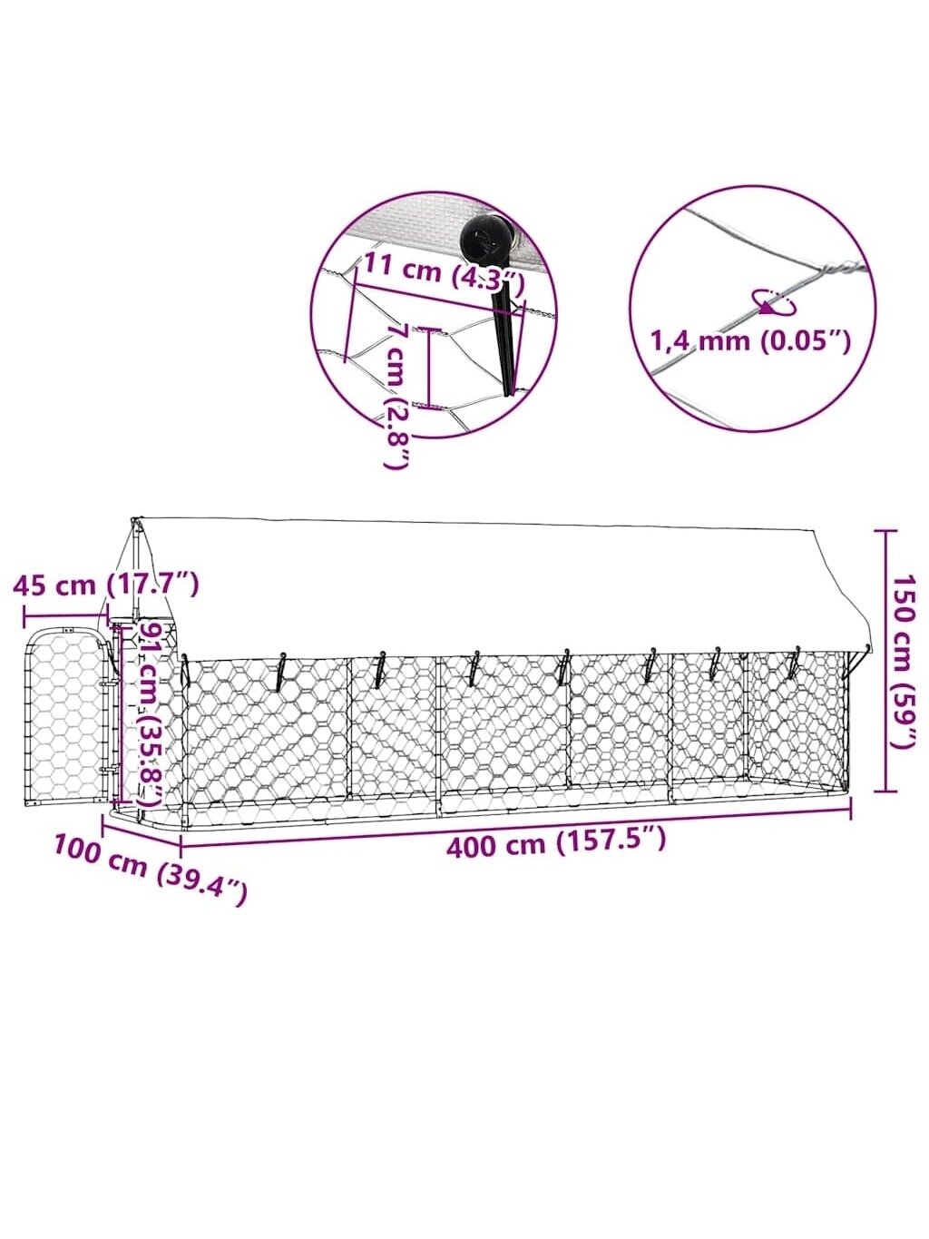 Lauko voljeras šunims su stogu, 400x100x150cm 9