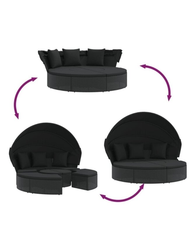 Outdoor Sun Lounger with Canopy and Cushions, Black, PE Rattan 1 Outdoor Sun Lounger with Canopy and Cushions, Black, PE Rattan 1