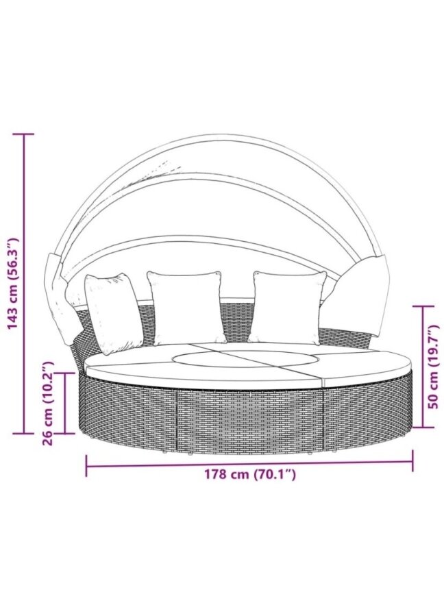 Välilamamistool varikatuse ja patjadega, must, PE rotang 7
