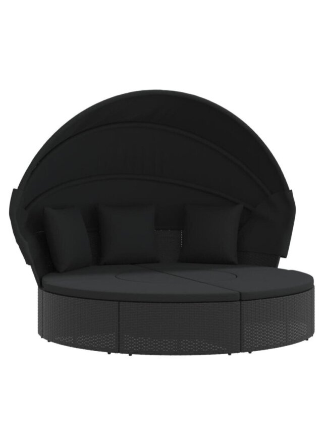 Outdoor Sun Lounger with Canopy and Cushions, Black, PE Rattan 2 Outdoor Sun Lounger with Canopy and Cushions, Black, PE Rattan 2