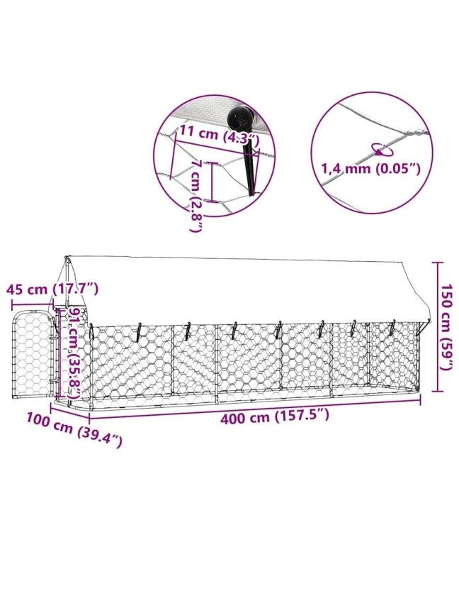 Lauko voljeras šunims su stogu, 400x100x150cm 9