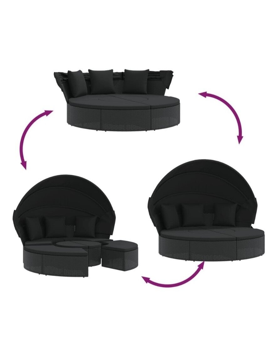 Välilamamistool varikatuse ja patjadega, must, PE rotang 1