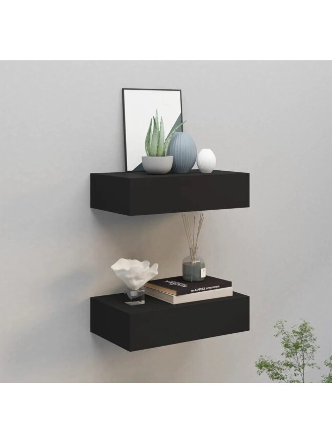 Lentynos su stalčiais, 2vnt., juodos, 40x23,5x10cm, MDF