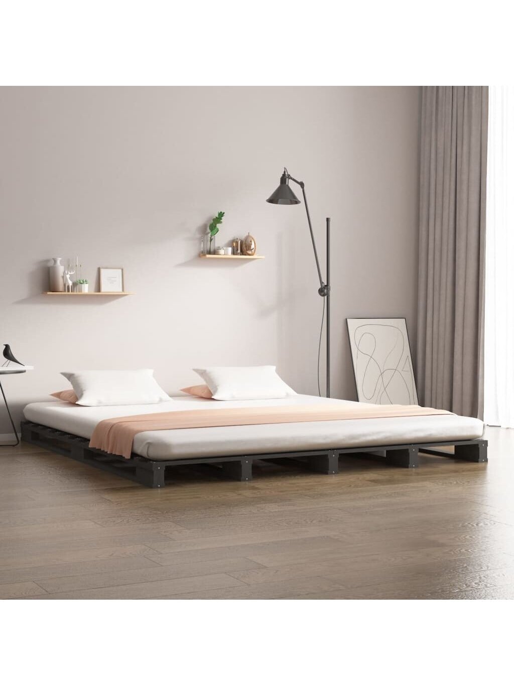 Pallet bed, grey, 200x200 cm, solid pine wood