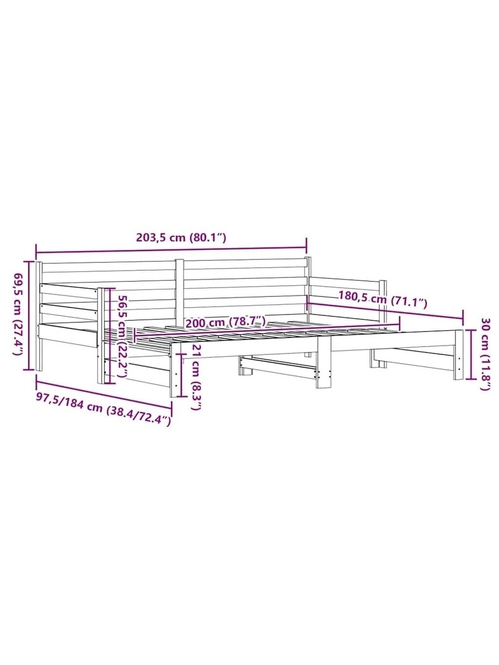 Bed with pull-out section, white, 90×200 cm, solid pine wood 10