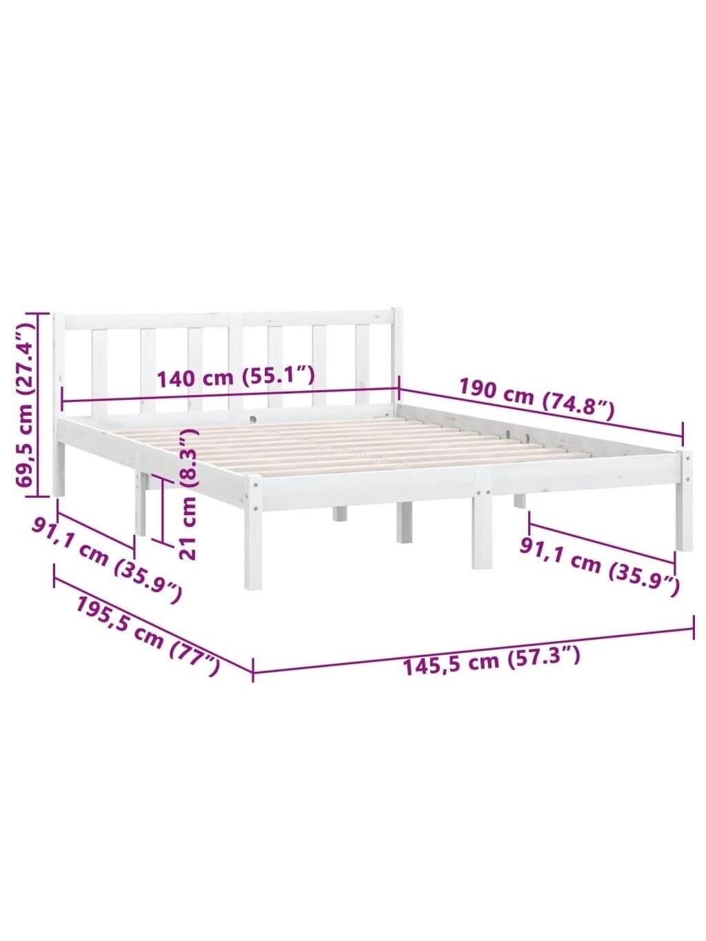 Bed Frame, White, 140 × 190 cm, Solid Pine Wood 8 Bed Frame, White, 140 × 190 cm, Solid Pine Wood 8