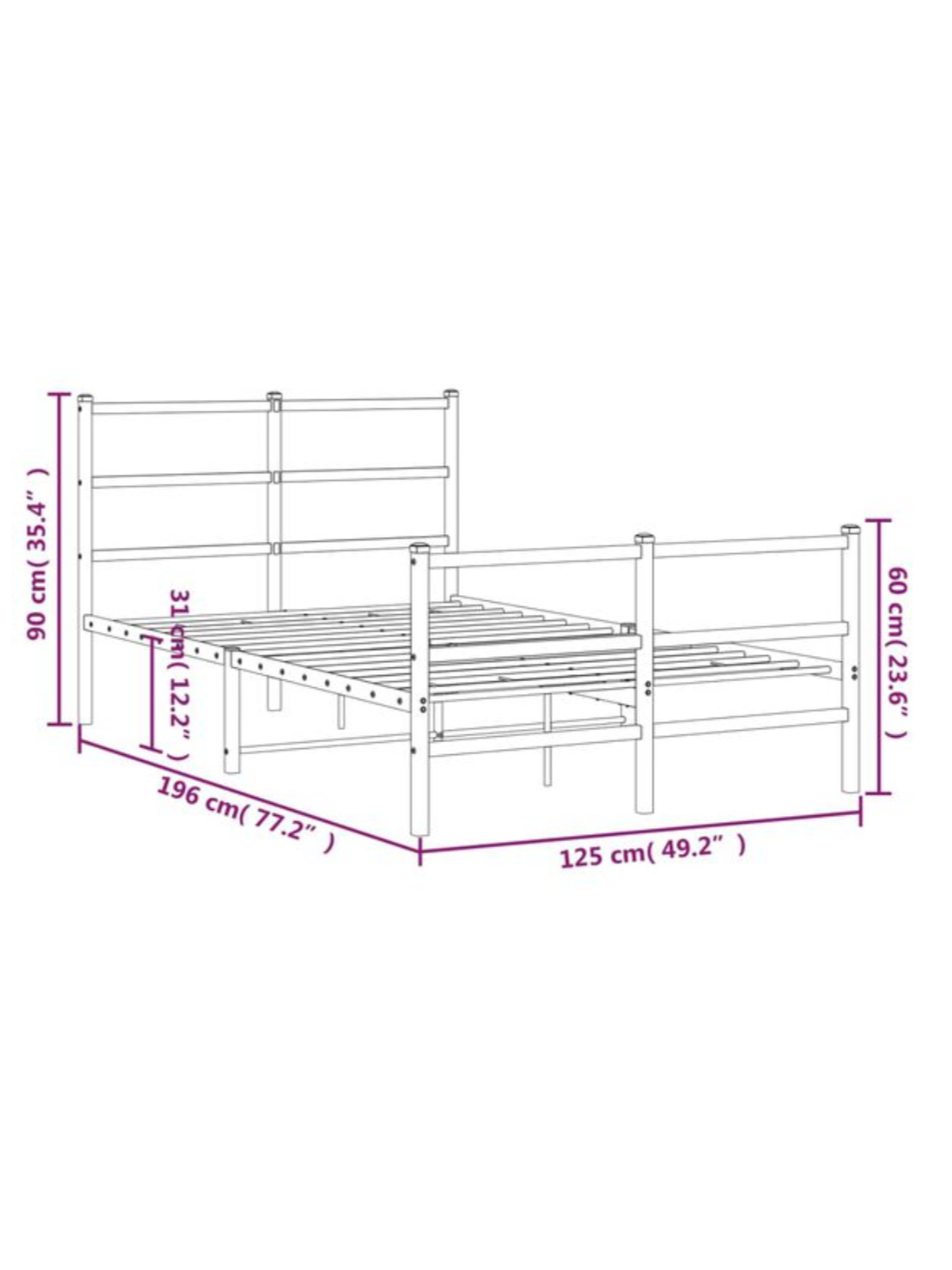 Bed frame with headboard/footboard, black, 120 × 190 cm, metal 6
