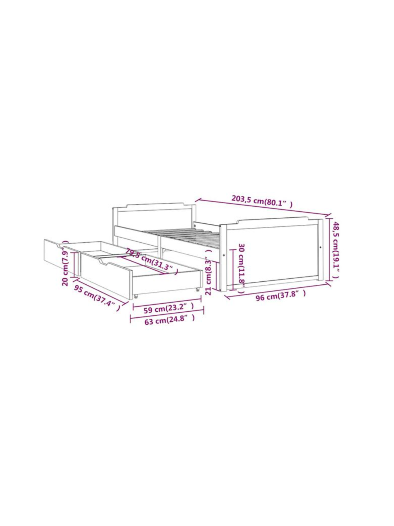 Bed frame with drawers, honey brown, 90 x 200 cm, pine wood 8