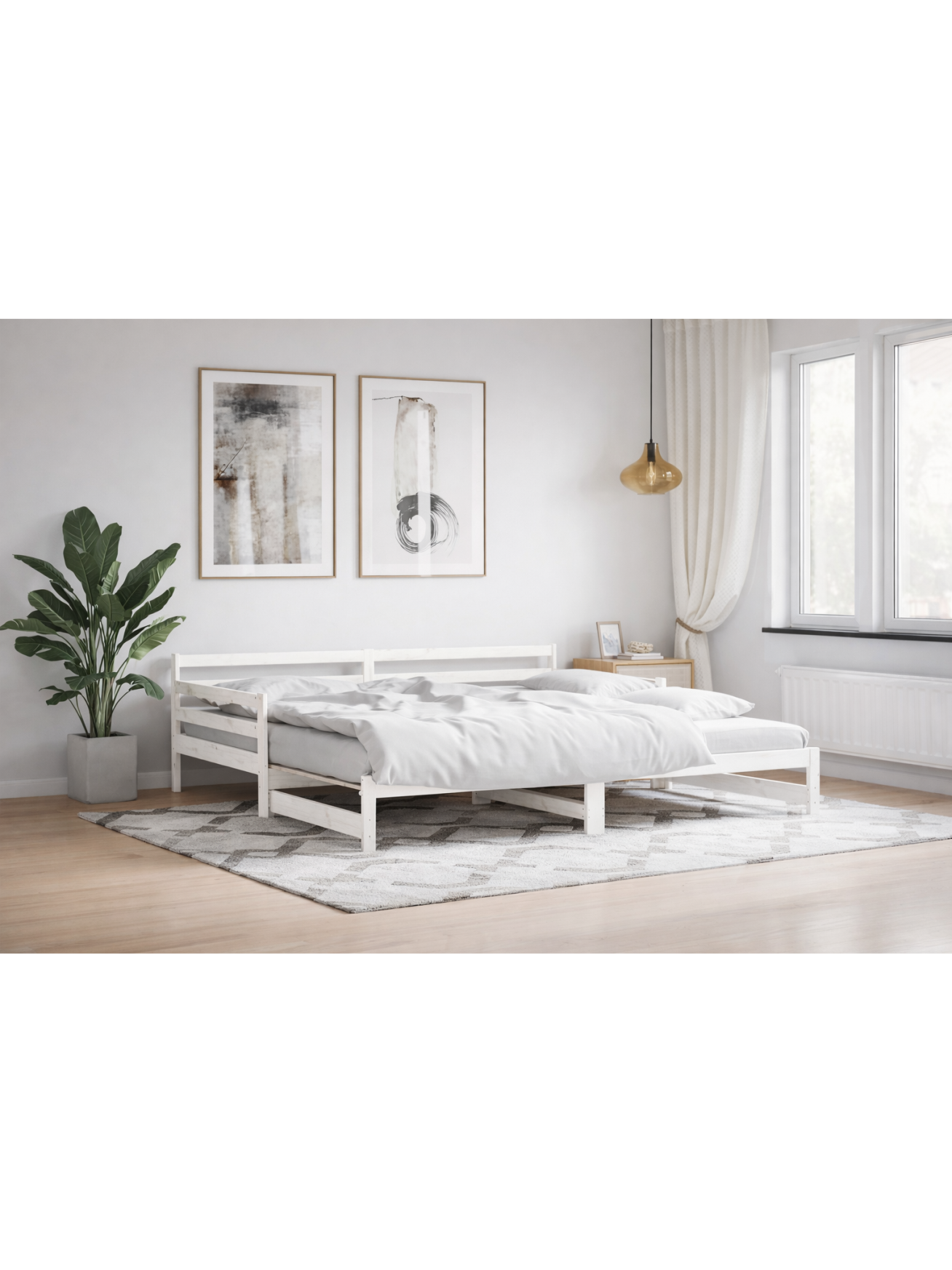 Bed with pull-out section, white, 90×200 cm, solid pine wood