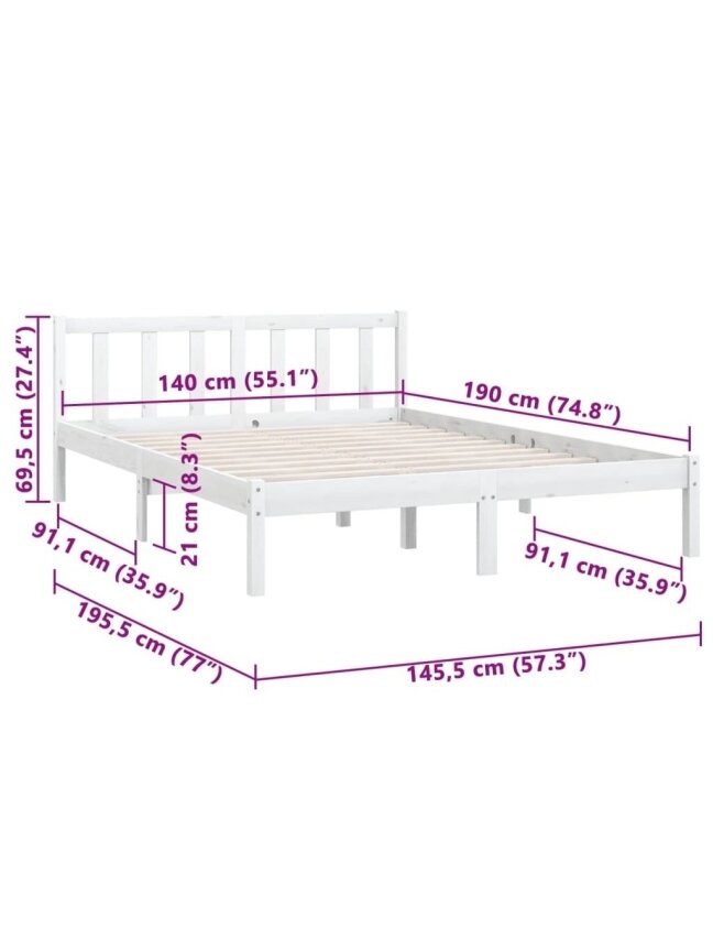 Bed Frame, White, 140 × 190 cm, Solid Pine Wood 8