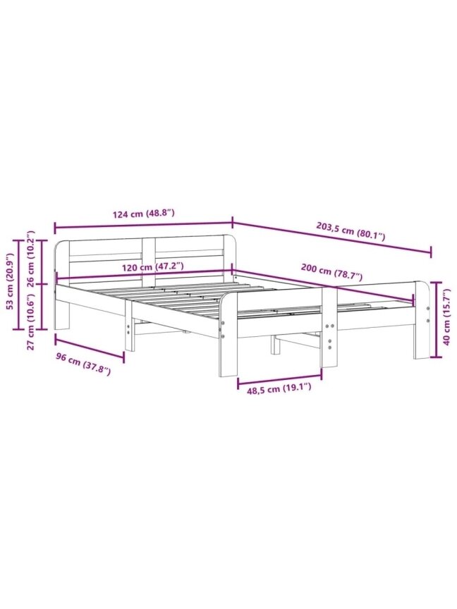 Bed frame without mattress, 120×200 cm, solid pine wood 8