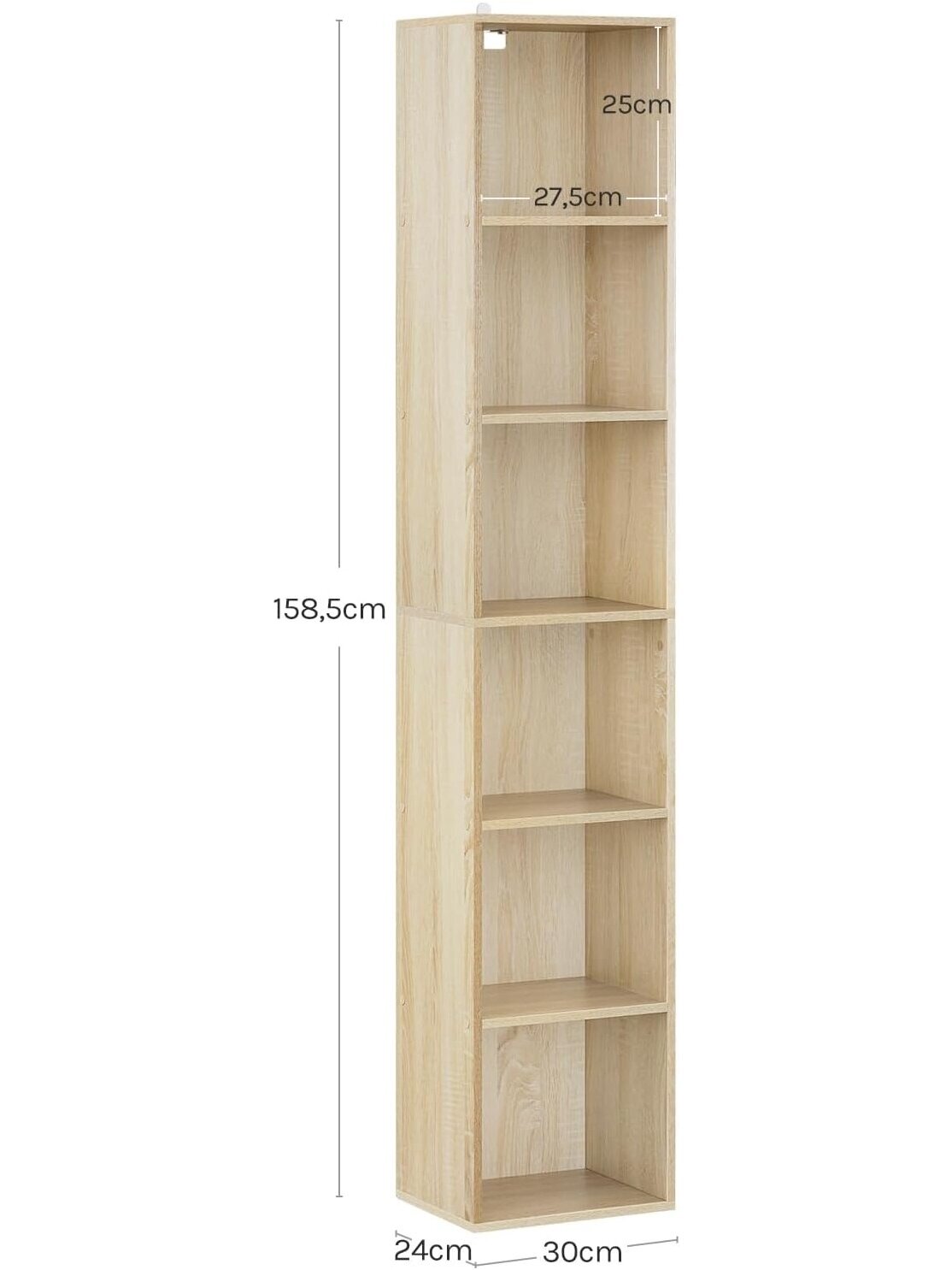 Wooden bookcase, oak finish, with 6 storage compartments. 2 Wooden bookcase, oak finish, with 6 storage compartments. 2