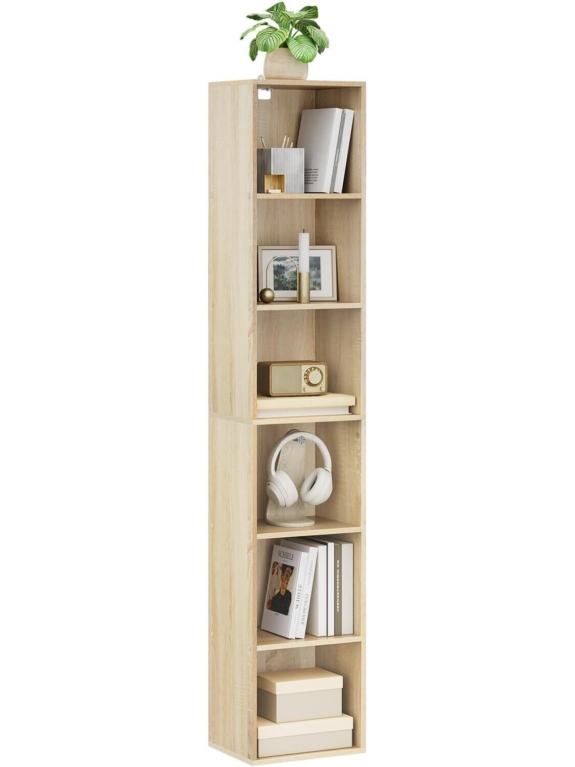 Wooden bookcase, oak finish, with 6 storage compartments. 1 Wooden bookcase, oak finish, with 6 storage compartments. 1