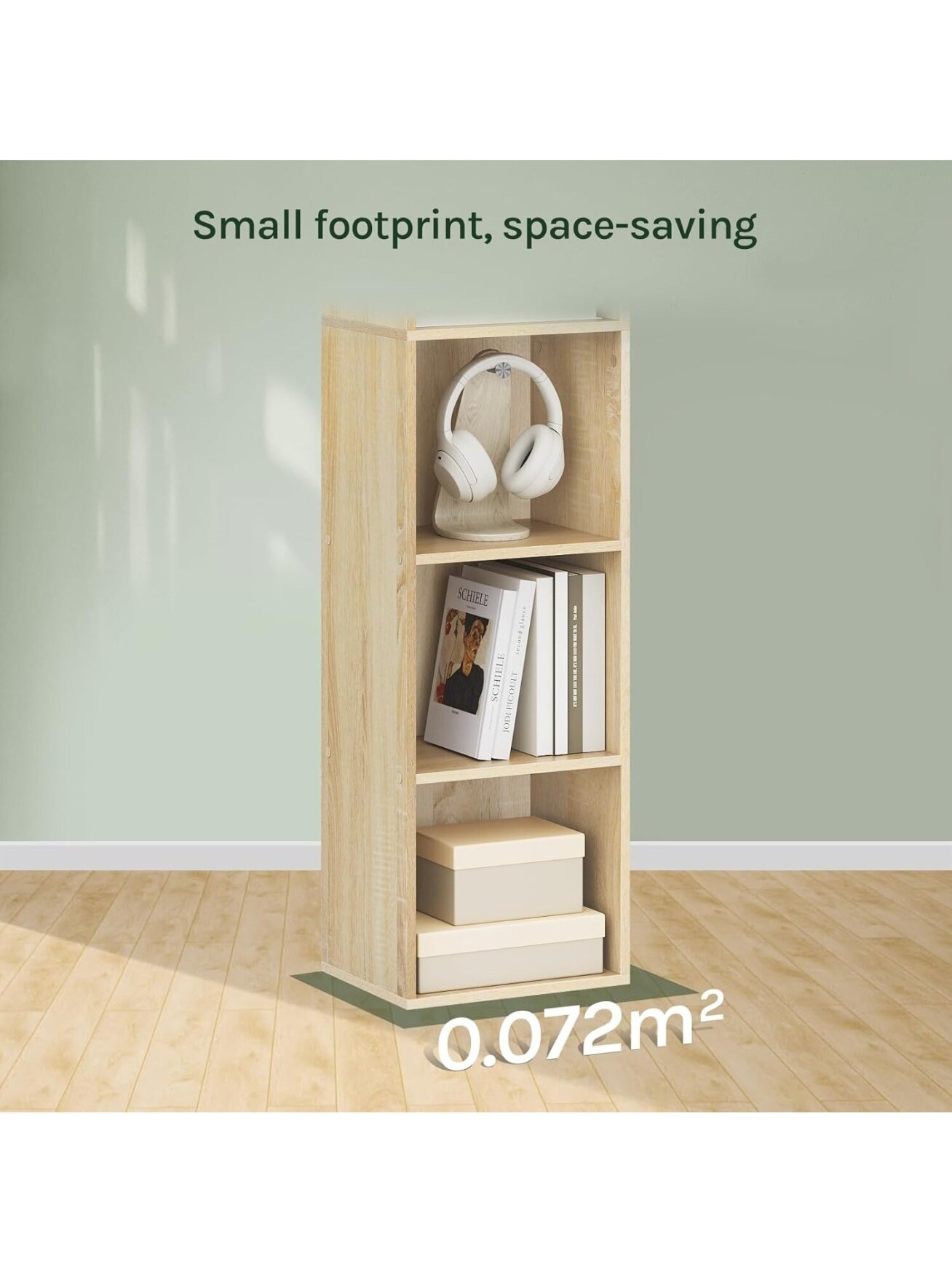Wooden bookcase, oak finish, with 6 storage compartments. 5