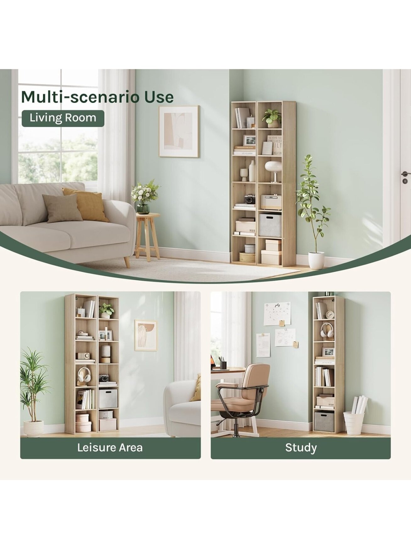 Wooden bookcase, oak finish, with 6 storage compartments. 3