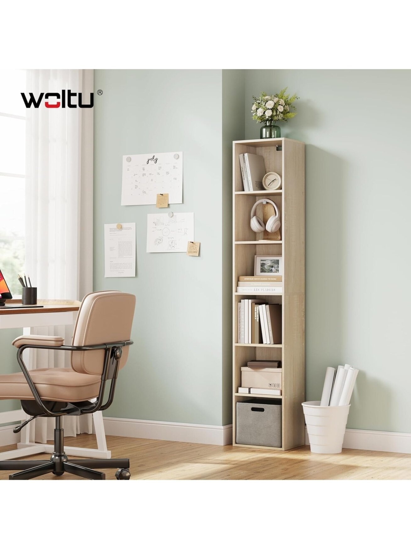 Wooden bookcase, oak finish, with 6 storage compartments. Wooden bookcase, oak finish, with 6 storage compartments.